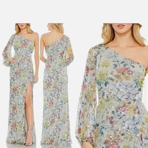 NEW  $598 Mac Duggal 93747 Sequined Floral One Sleeve Faux Wrap Gown SZ 16